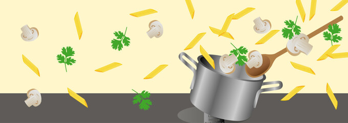 Kochtopf mit Pasta, Petersilie und Champignons