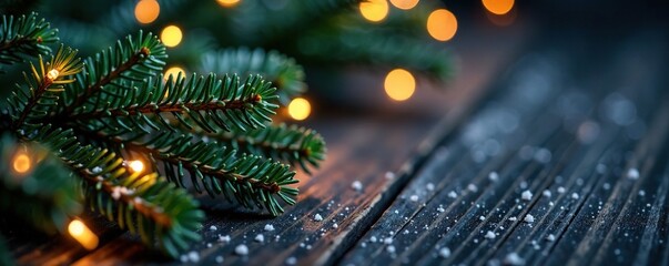 Softly lit Christmas tree branch with fragrant spruce needles and snowflakes on a dark wooden background, peaceful atmosphere, frosty evening