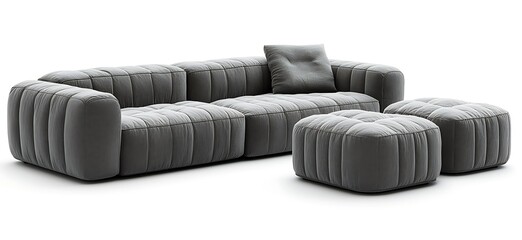 Fototapeta premium Modern gray modular sofa with two ottomans, isolated on white background.