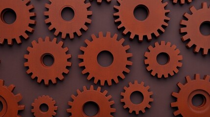 Intricate Arrangement of Brown Gears on Dark Background for Design
