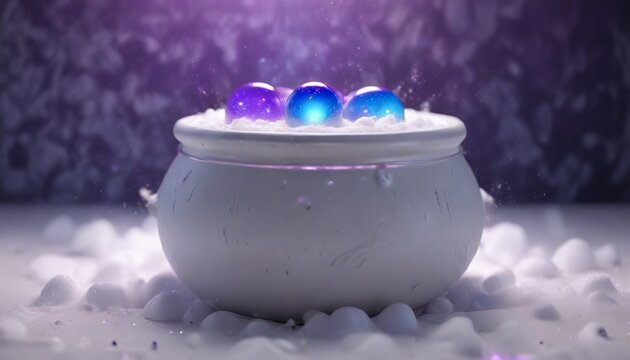 Softly glowing purple and blue orbs suspended in a foamy white cauldron , blue, mystical