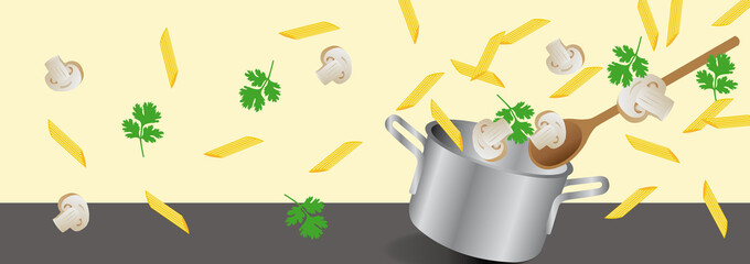 Kochtopf mit Pasta, Petersilie und Champignons