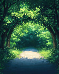 Fototapeta premium Enchanted forest pathway serene nature scene digital artwork lush green environment tranquil viewpoint