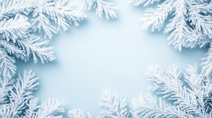 A frosty blue background framed by white snow-covered branches, evoking a winter wonderland atmosphere.