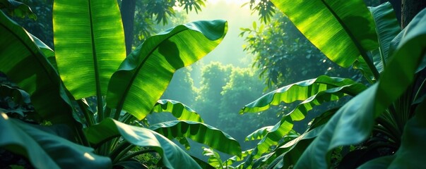 Tropical forest foliage with large banana tree leaves, plantlife, botanical, nature