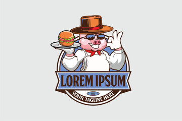 Cute cowboy pig Burger dishes vector logo template