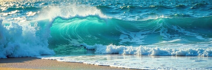 Tropical ocean waves crashing against the shore, blue background with gold texture, wave, shoreline