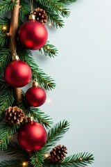 Twinkling garland of red ornaments and pine cones draped over a wooden branch, natural elements, decorative element, garland
