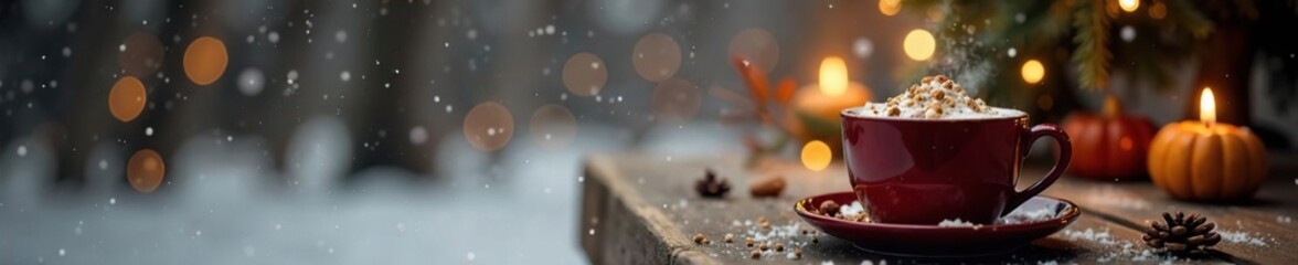 Warm and cozy winter scene with a steaming cup of hot chocolate on a rustic wooden table, cozy, winter, hot chocolate