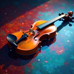 Fototapeta premium Violin partially submerged in a colored liquid on a dark surface, reflection, color, shine