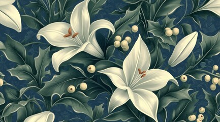 Seamless pattern of white lilies and holly berries on a dark teal background.