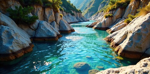 A meandering rock-lined channel with a gentle flow of crystal-clear water, terrain features, landscape, serpentine path