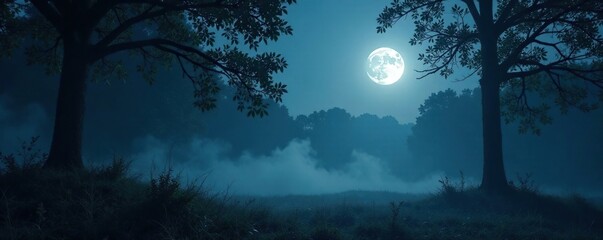 A misty forest bathed in the soft light of a full moon, eerie, full moon, mystique