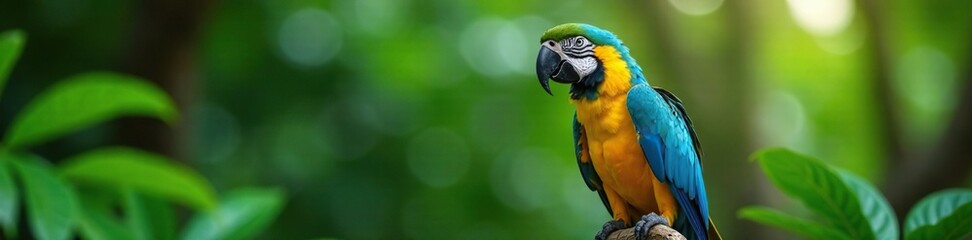 a single blue and yellow macaw perched on a branch with leaves, leafy branches, tropical greenery