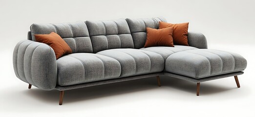 Modern gray sectional sofa with orange pillows on white background.