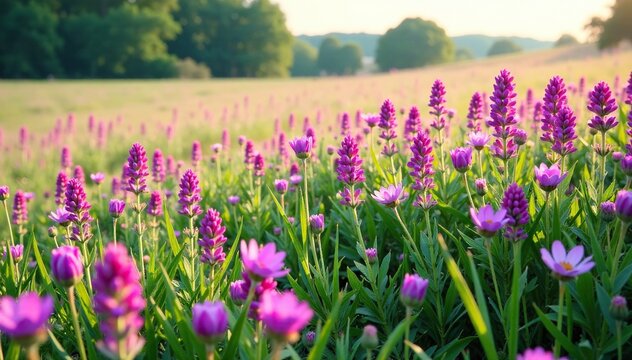 A sea of purple wildflowers stretching across the meadow, grass, purple flowers