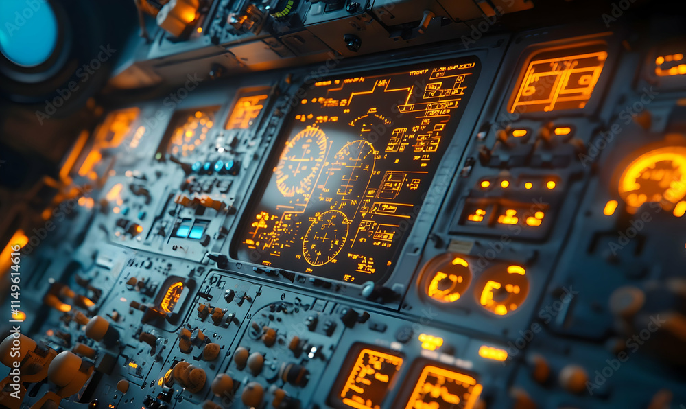 Poster a detailed control panel with illuminated displays, used for monitoring and operations.