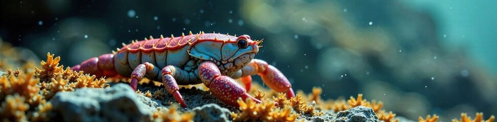 Blauringkrake resting on a rocky surface with seaweed, invertebrate, habitat