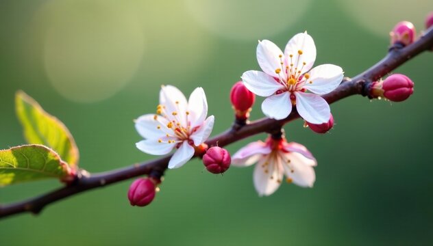 A twig with multiple blossoming almond buds, highlighting their growth stage, blossoming almond branches, foliage
