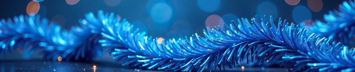 Blue tinsel strands woven into a festive Christmas scene, merry and bright, holiday cheer