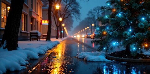 Blue string of lights reflects off the wet pavement beneath a Christmas tree, wet pavement, urban, icy