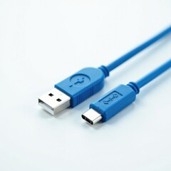 Blue USB cable against a bright white background, isolated, color accent