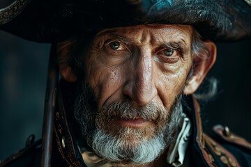 Close up of an old weathered pirate captain wearing his tricorn hat and looking intensely