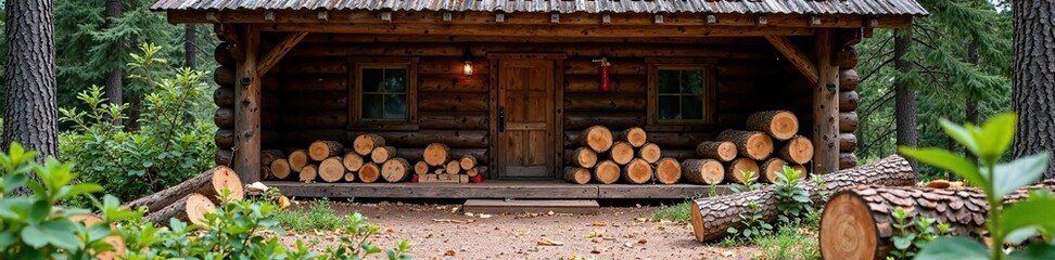 Chopped firewood and branches scattered around a cabin entrance, wood storage, logging tools