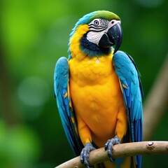Obraz premium Colorful parrot with bright blue and yellow plumage perched on a green branch, parrot, vibrant, colorful