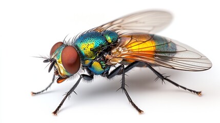 Close-up of a vibrant green, blue, and orange fly isolated on white.