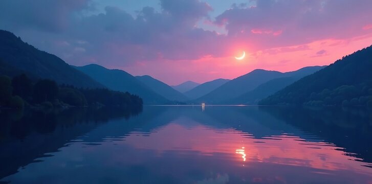 Crescent moon glows softly above the rolling hills surrounding Yesa lake at dusk, yesa lake, evening light, peaceful