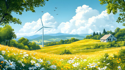 A serene landscape featuring wildflowers, a wind turbine, and a quaint house under a blue sky.
