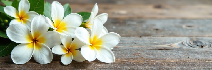 Fototapeta premium Delicate white flowers with bright yellow centers on a rustic wooden table, bloom, white, table