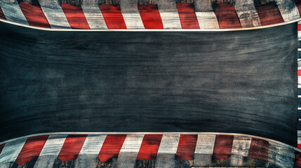 Racing track overview with red and white curbs at sunset hour. 