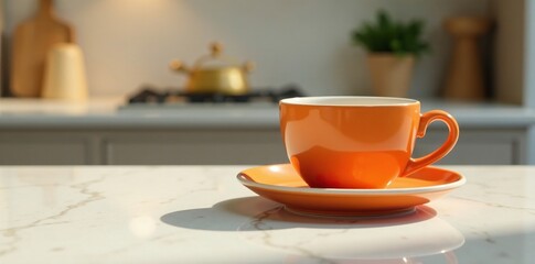 Fototapeta premium Empty orange cup and saucer on a marble countertop, still life, countertop, cup