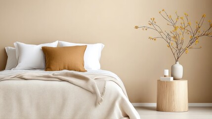 Rustic French Country Bedroom with Beige Pillows and Wooden Bedside Table Against Beige Wall