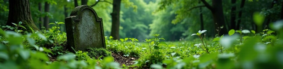 Forgotten, overgrown grave with crumbling headstone, decayed monument, overgrown burial site