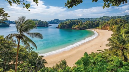 Secluded tropical beach cove with turquoise water, white sand, and lush green foliage.
