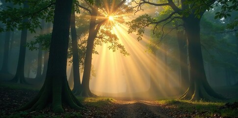 Golden light peeks through foggy forest canopy, foggy, natural, landscape