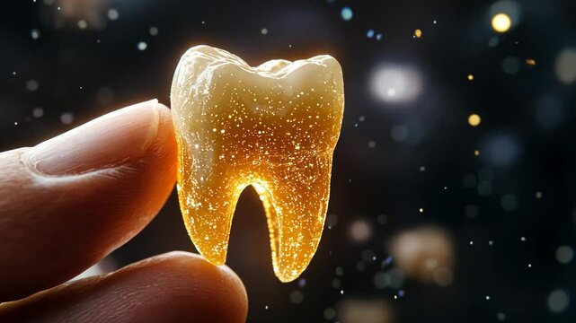 Sparkling Tooth Illustration with Hand Displaying Dental Care Importance