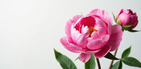 Large peony flowers unfolding on a white background, bloom, peonies