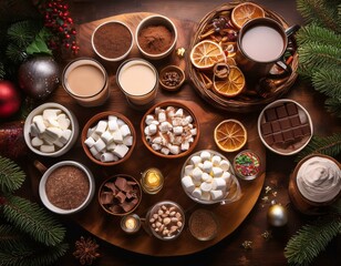 Fototapeta premium Generated image A holiday party table with a hot chocolate station and various toppings