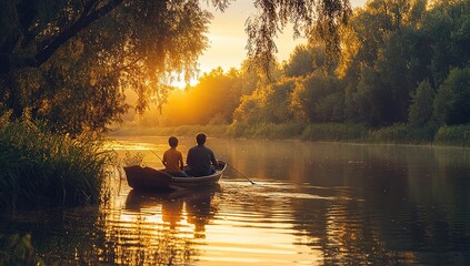 Father and Son Enjoy Peaceful Sunset River Fishing Trip in a Rowboat, Golden Hour Serenity.