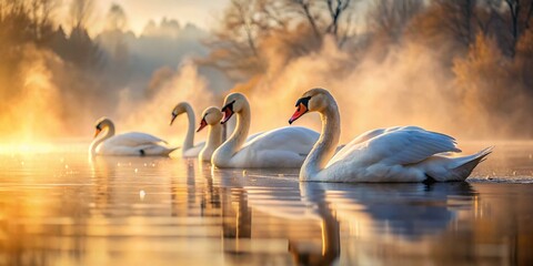 Serene Swans on Misty Lake: Macro Photography of Graceful Birds in Foggy Water