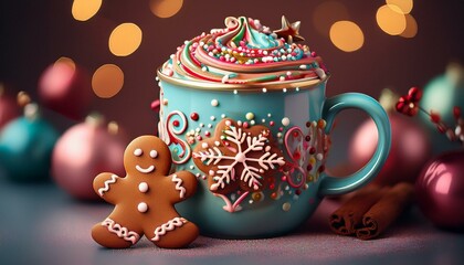 Generated image A hot chocolate mug surrounded by Christmas cookies and festive decorations