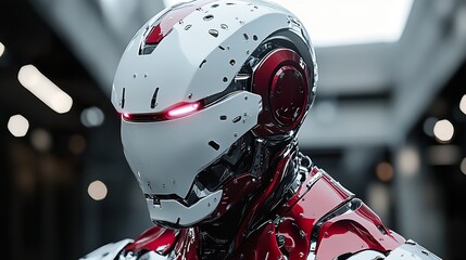 Futuristic Red and White Robot Armor: AI Cyborg Design