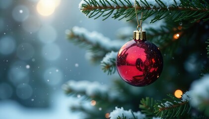 Snowy fir tree with single red glass ornament hanging from branch, christmas, evergreen, ball