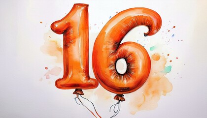 Orange birthday / anniversary balloon, number 16, watercolor painting with white background