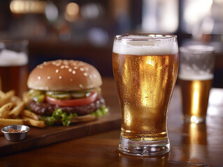 Freshly Poured Lager Sits Beside a Delicious Burger and Fries at a Cozy Restaurant During Lunchtime