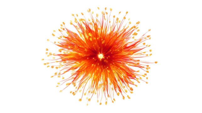 A vibrant fireworks display in red and gold, isolated on white 
